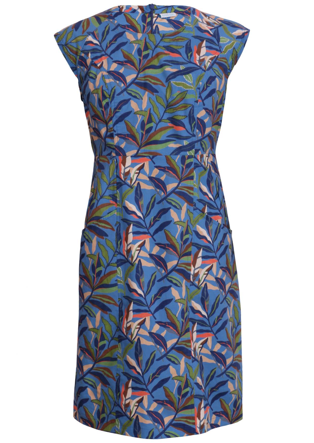 Blue leafy cotton dress with high round neck, raglan cap sleeves, and pockets front view