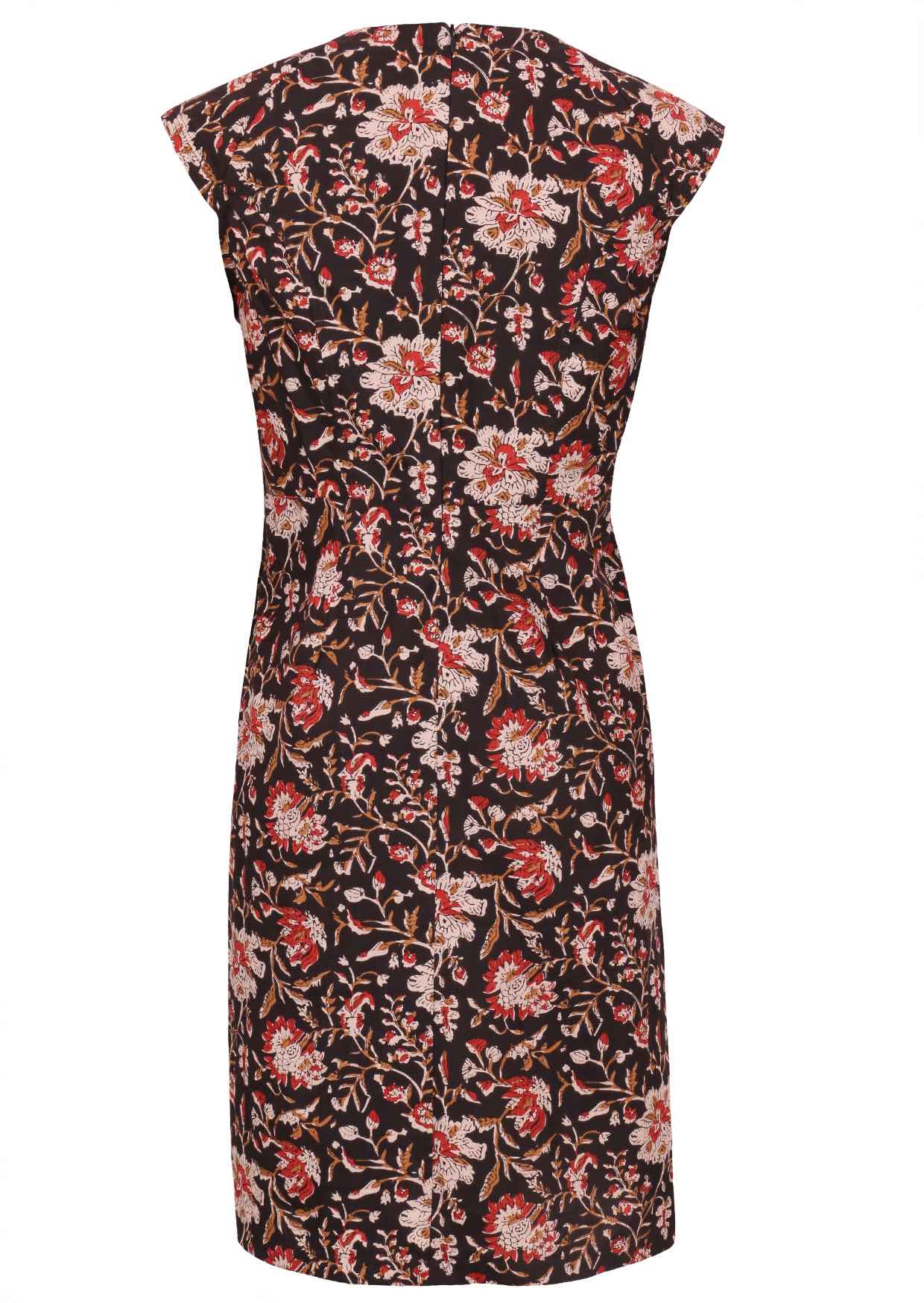Black based traditional Indian floral print cotton dress with hidden zip at the back.