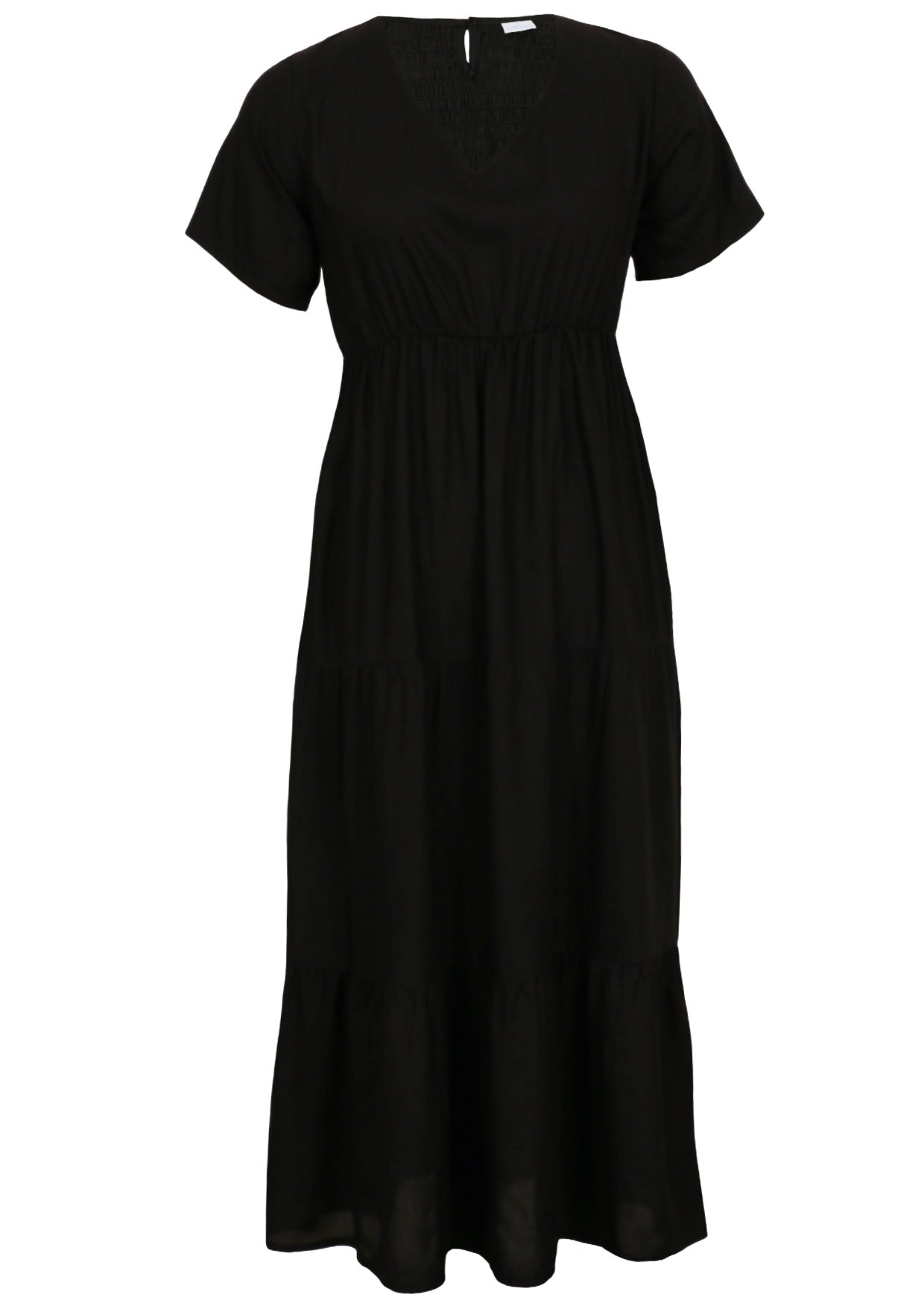 Black rayon maxi dress with short sleeves, a V-neckline, and a tiered skirt