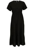 Black rayon maxi dress with short sleeves, a V-neckline, and a tiered skirt