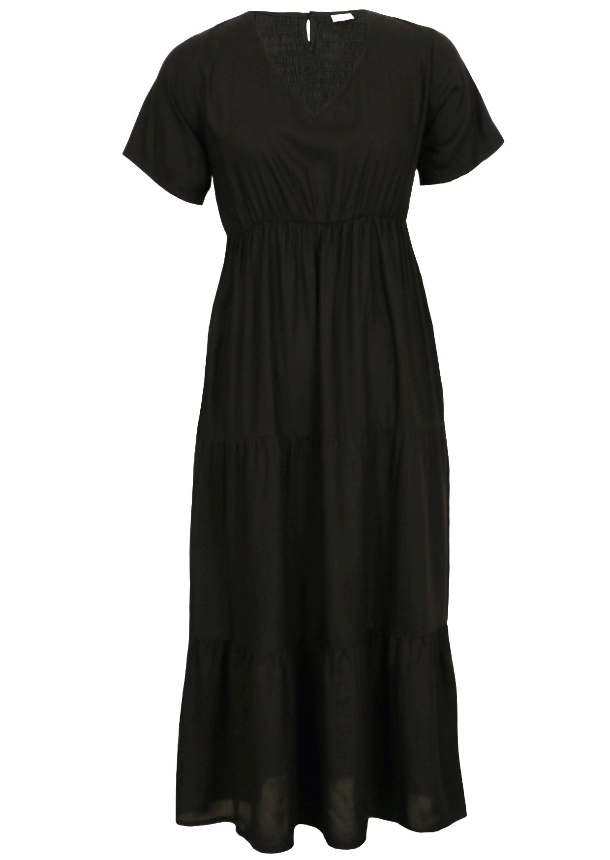 Black rayon maxi dress with short sleeves, a V-neckline, and a tiered skirt