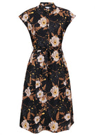 Black based floral print cotton dress with removable waist tie.
