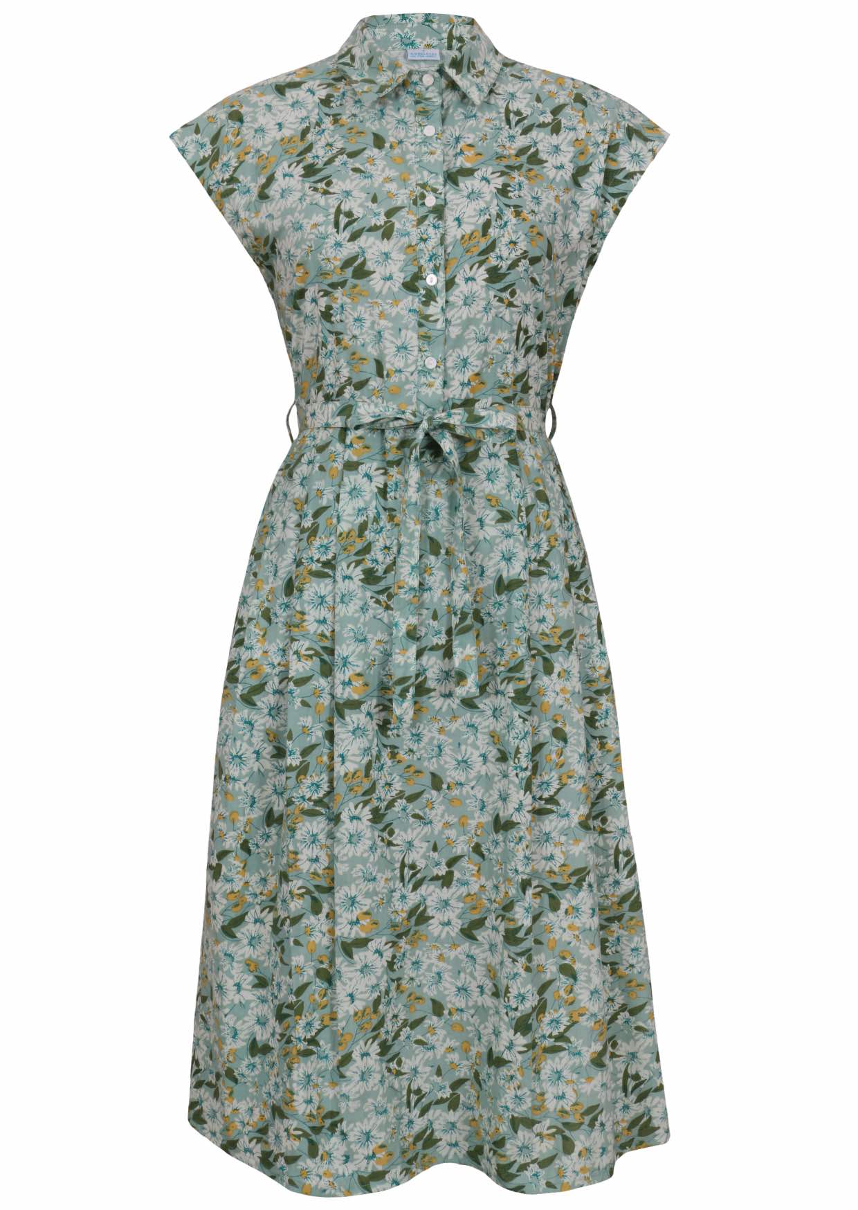 Sage green based floral print cotton dress with removable waist tie.