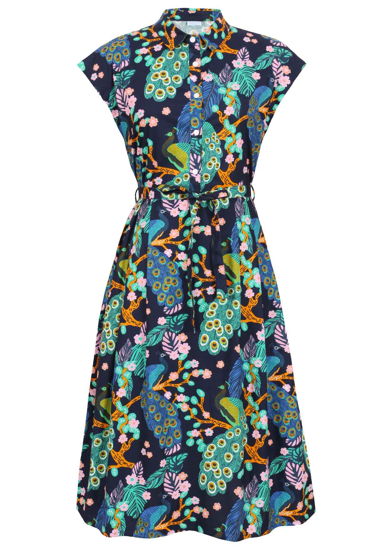 A cap-sleeve button bodice cotton dress with a waist tie and collar, in a peacock and floral print on a dark navy base