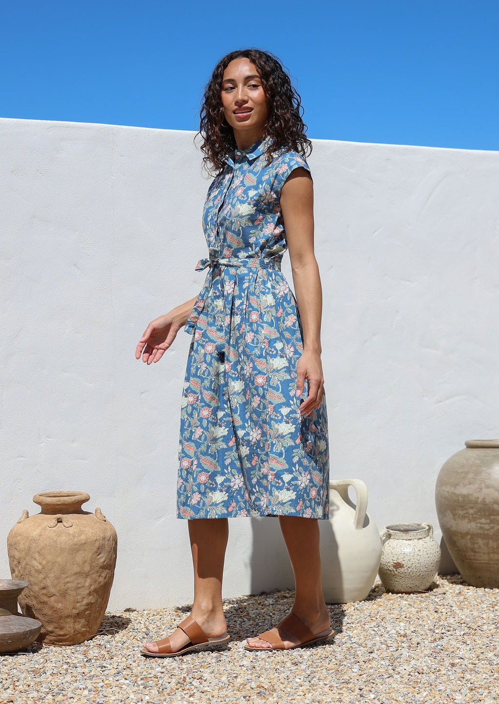 Katie Dress Poppy | Cotton Collared Buttoned Bodice Midi Day Dress