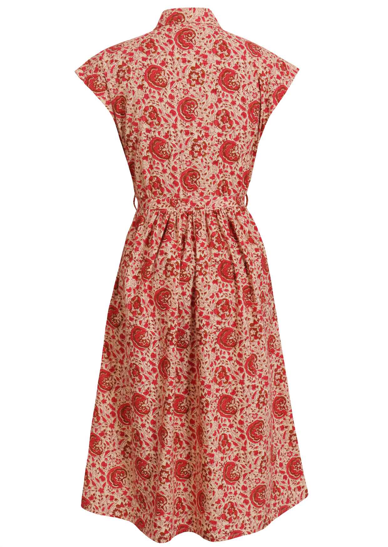 Back view of cream based floral print cotton cap sleeves dress.