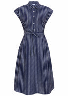 Navy blue based print cotton dress with removable waist tie.