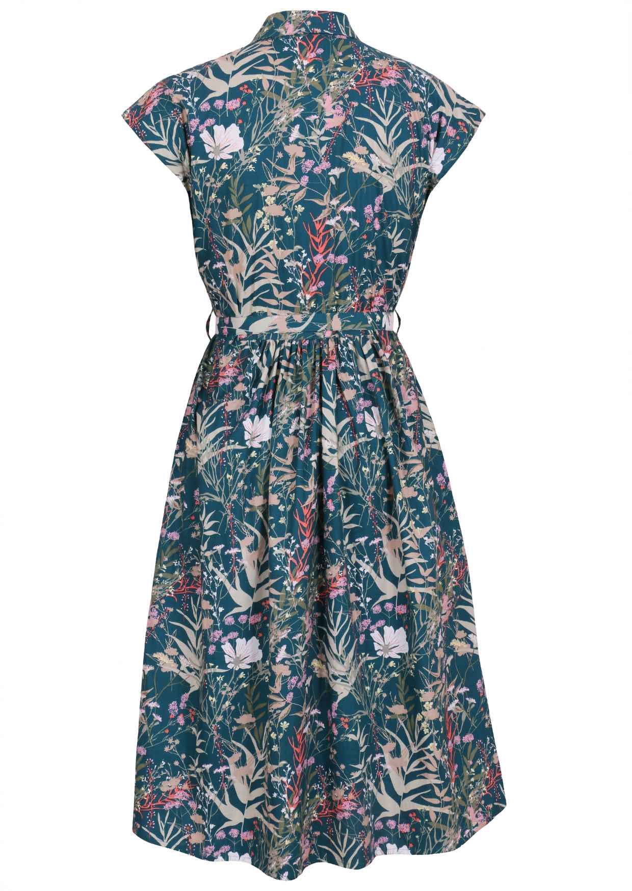 Back view of teal based floral print cotton cap sleeves dress.