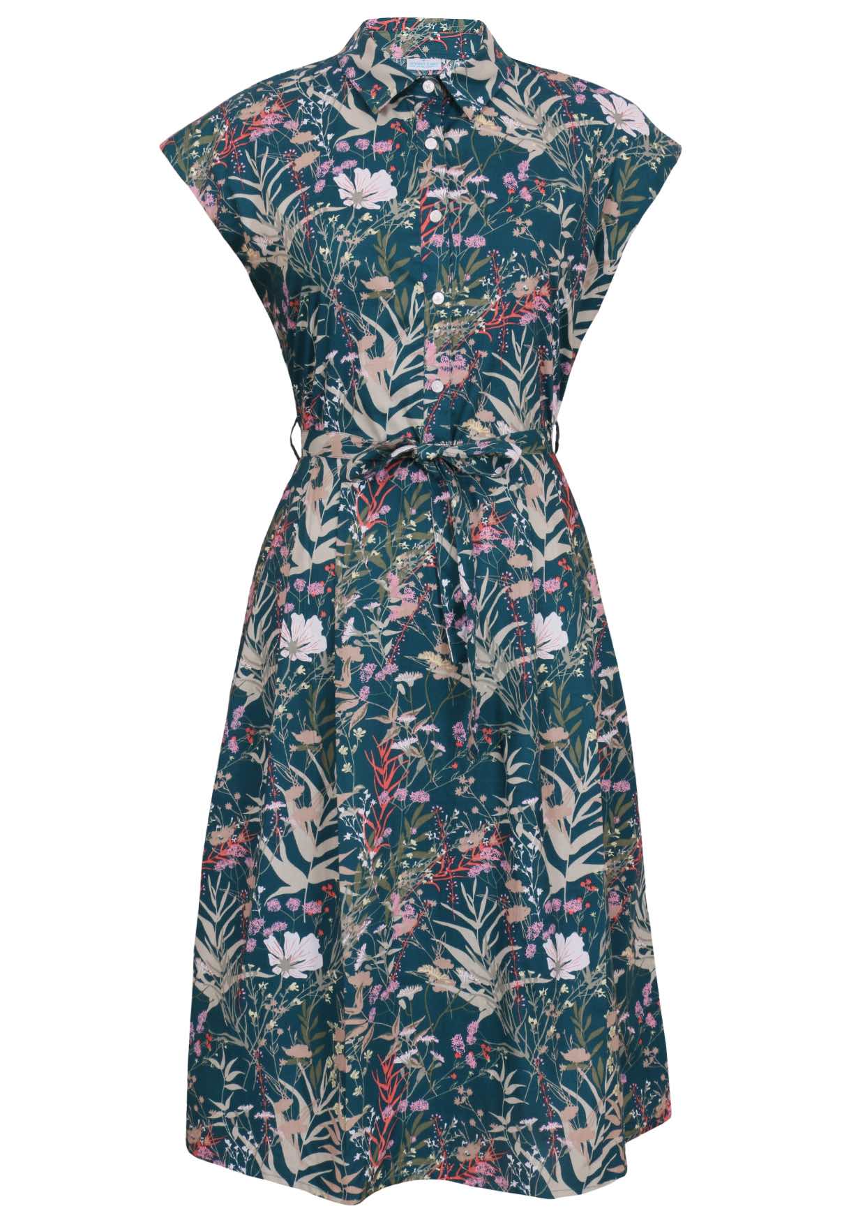 Teal based floral print cotton dress with removable waist tie.