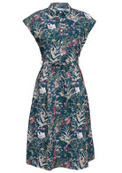 Teal based floral print cotton dress with removable waist tie.