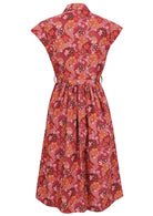 Cap sleeves cotton dress with Japanese-style print in pink, maroon, brown, peach, and khaki tones. 