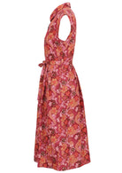 Cotton dress with pockets in Japanese-style print in pink, maroon, brown, peach, and khaki tones.