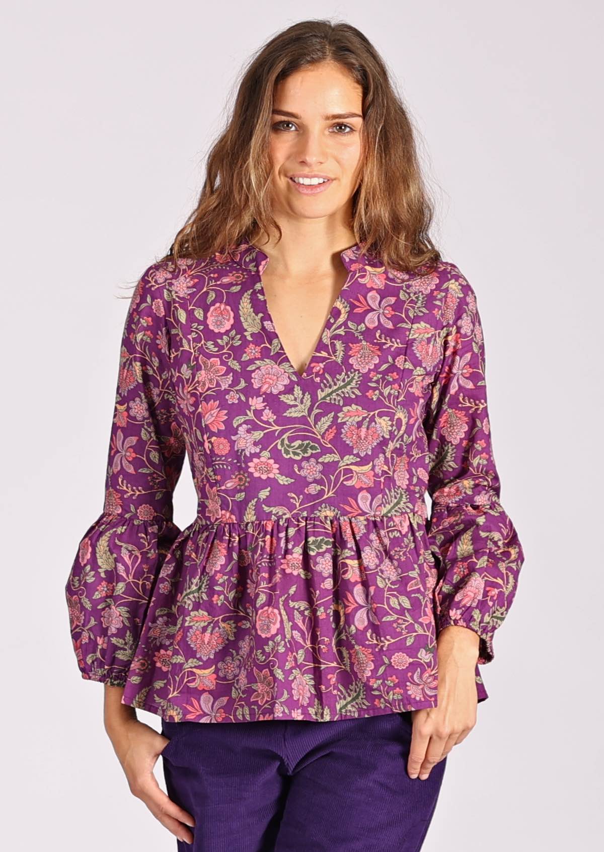 Purple floral print cotton peplum top with puffed sleeves and mandarin collar