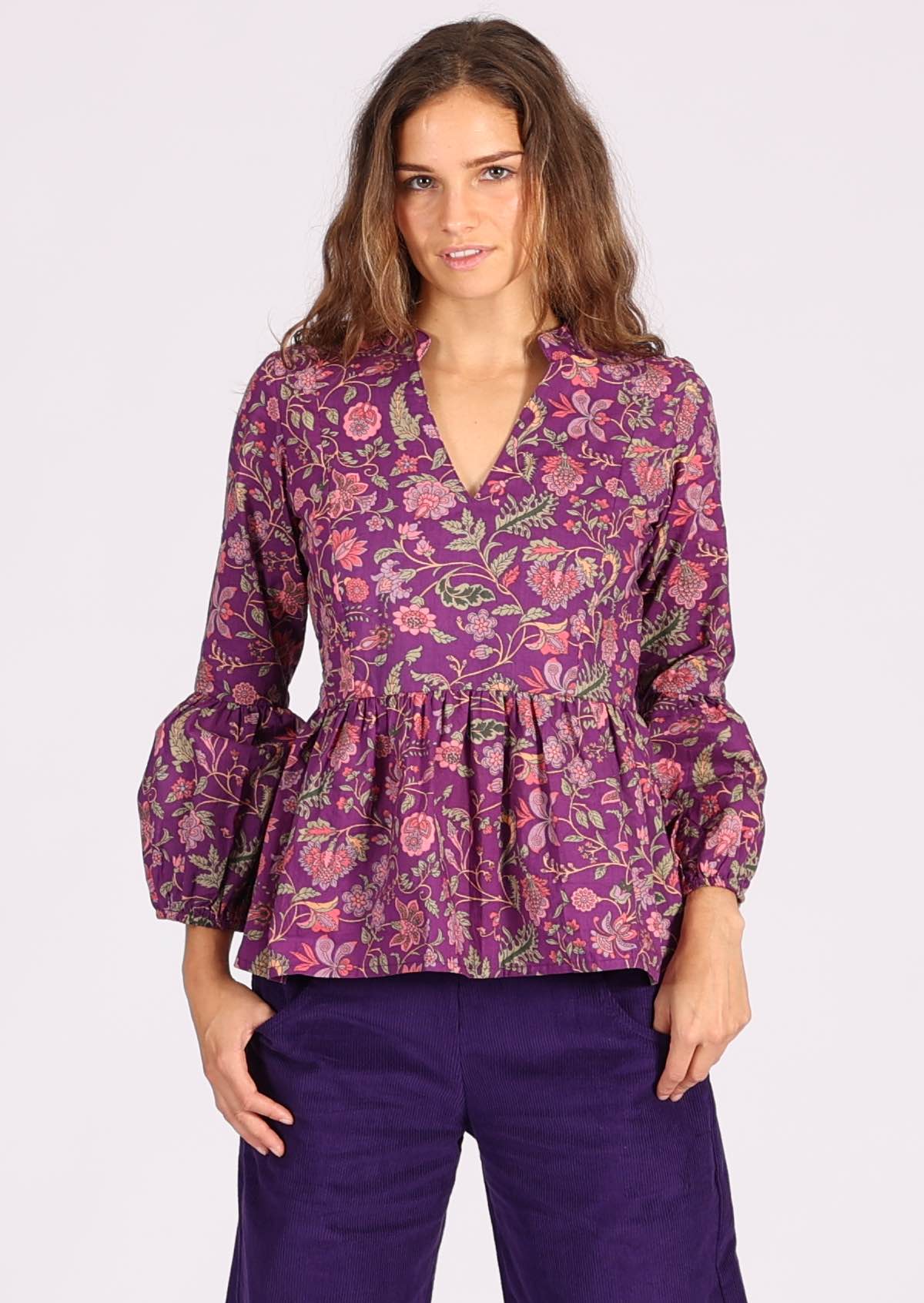 Purple floral print cotton dramatic top