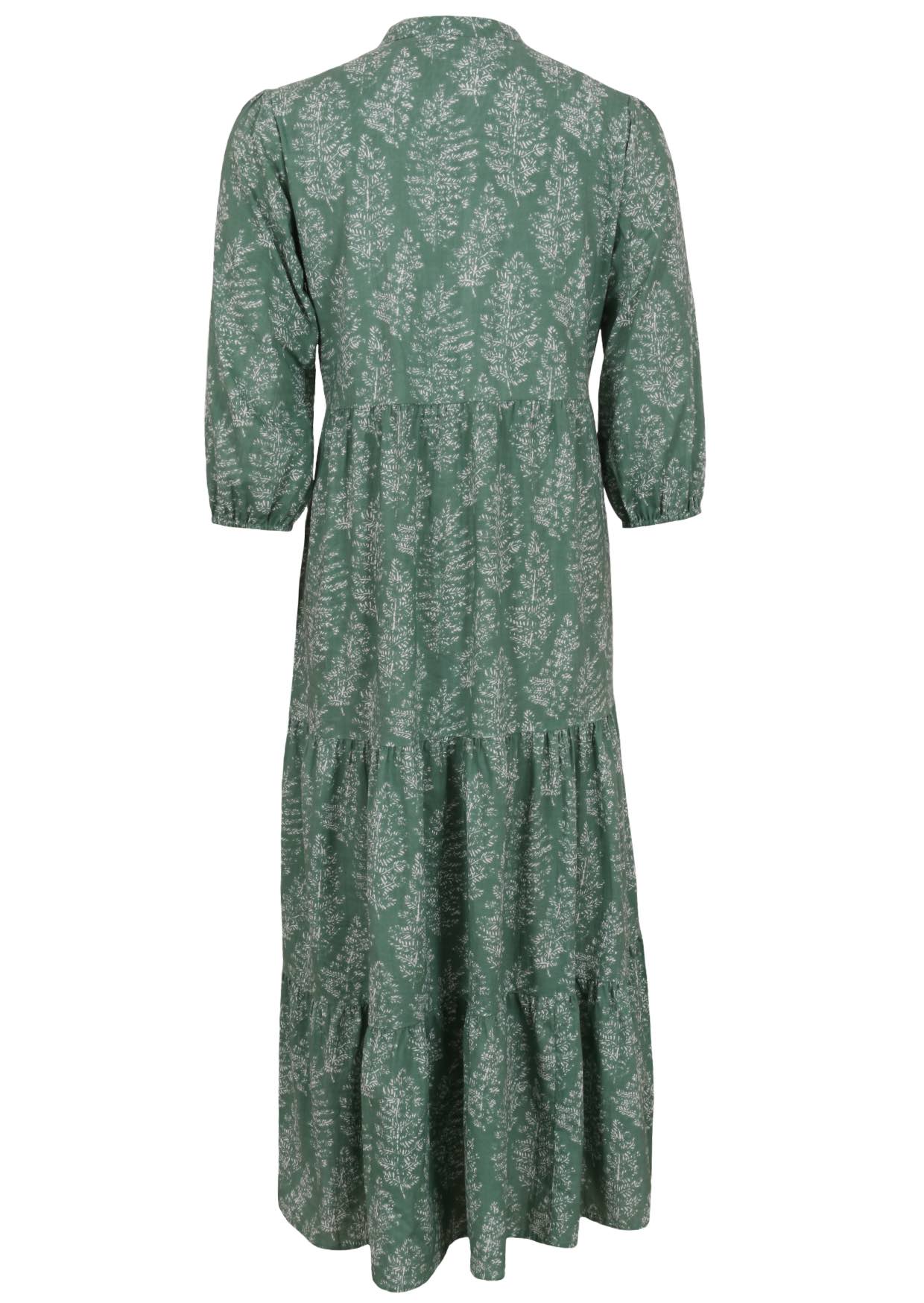 Back view of a full length maxi dress with 3 tiered flowy skirt, mandarin collar, buttoned bodice and pockets