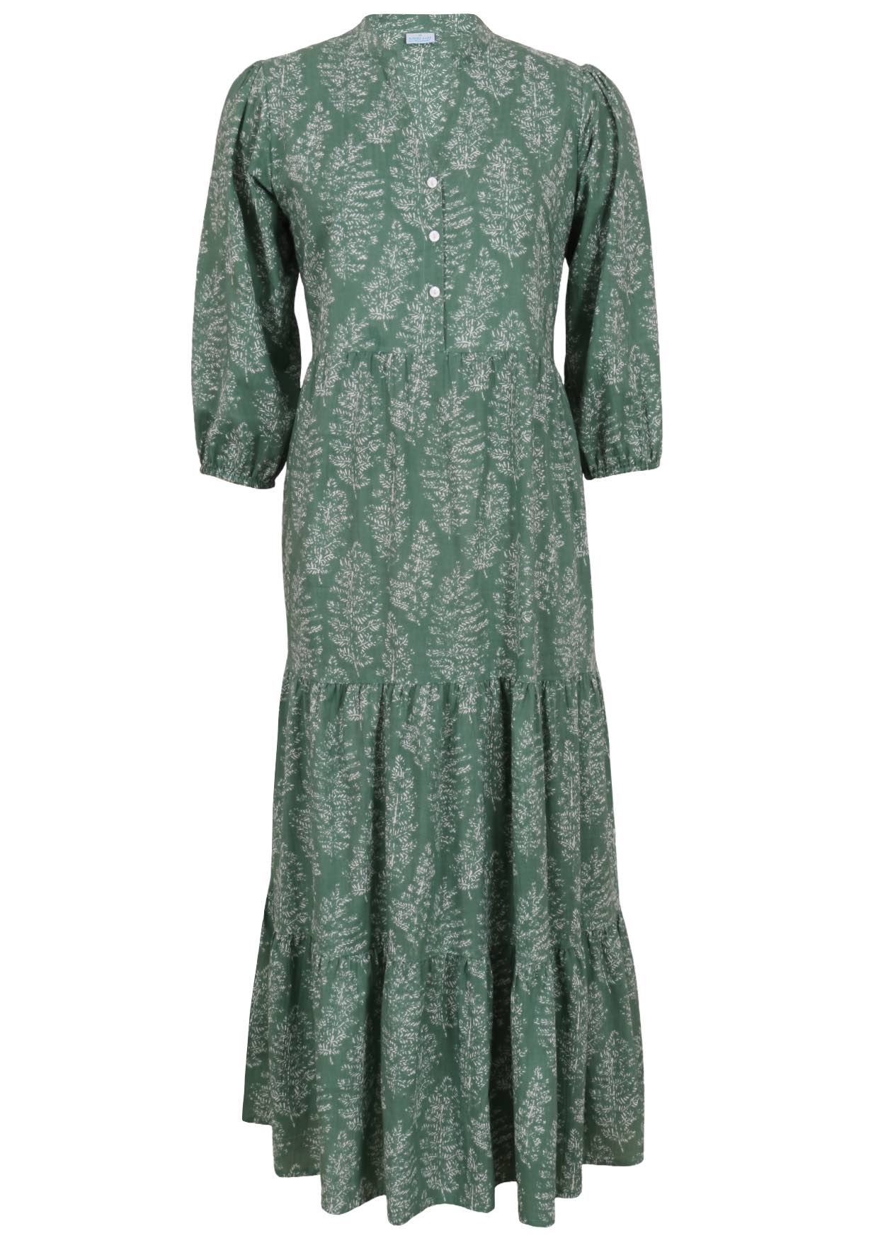 100% sage green based floral three tiered flowy maxi dress with buttoned bodice, 3/4 sleeves and mandarin collar 