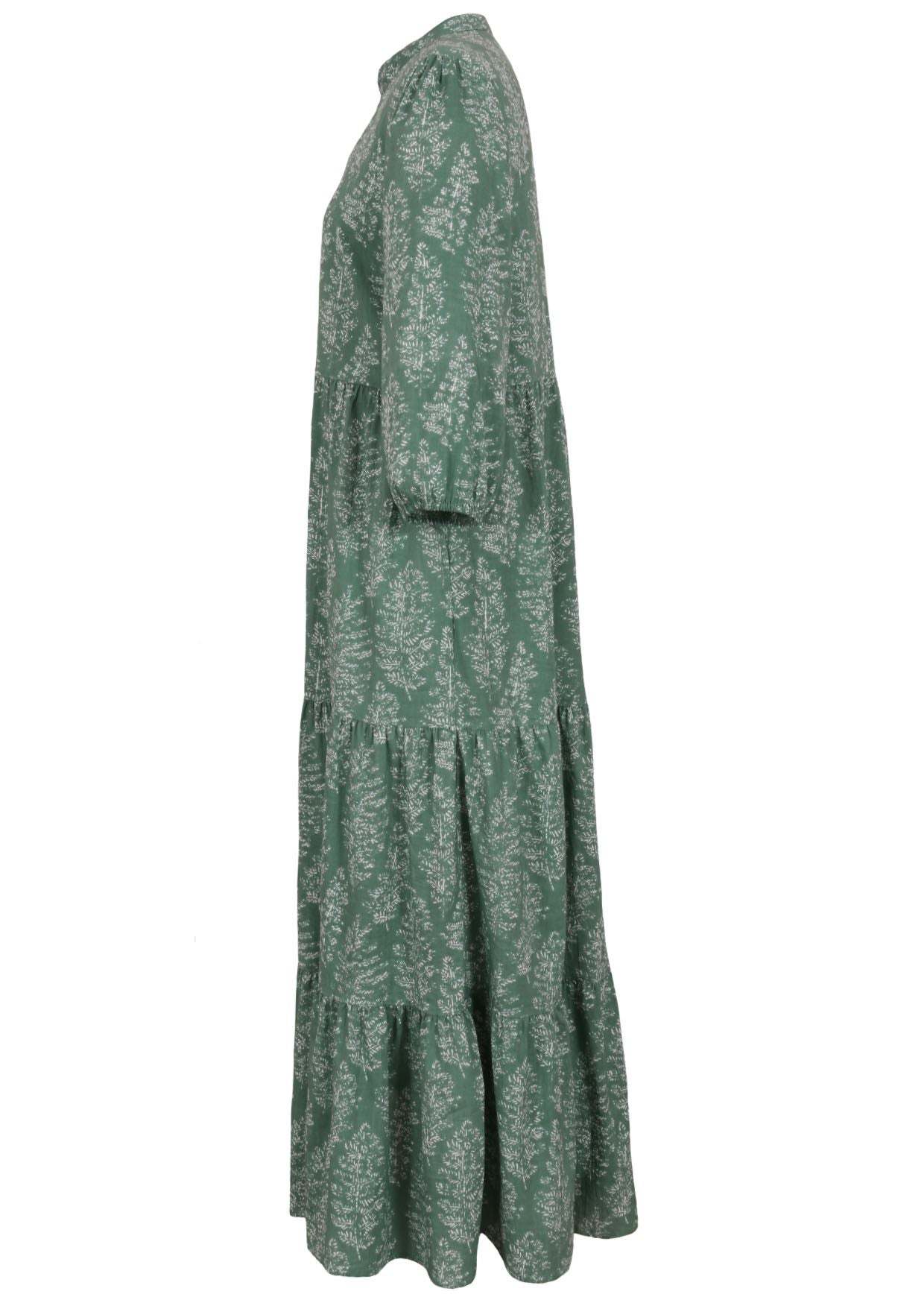 Side view of a full length maxi dress with 3 tiered flowy skirt, mandarin collar, buttoned bodice and pockets