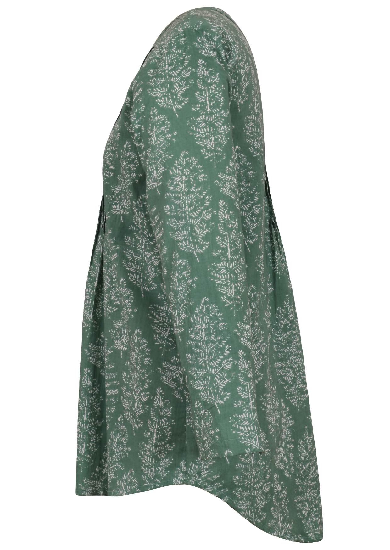Sage green based floral print cotton button through shirt with long sleeves, that is longer at the back