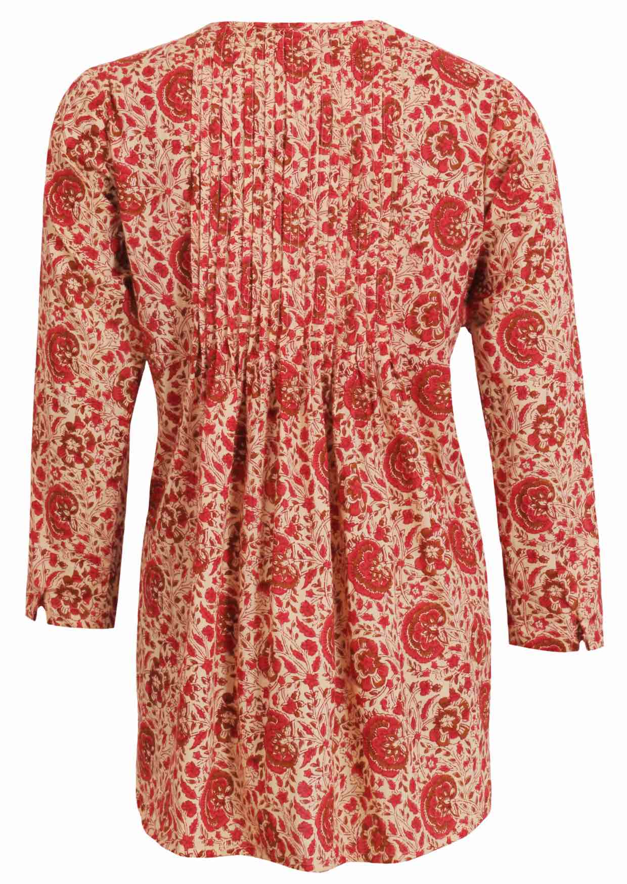 gentle cream based floral print cotton button through shirt with long sleeves, and pin tucks across the bodice, front and back