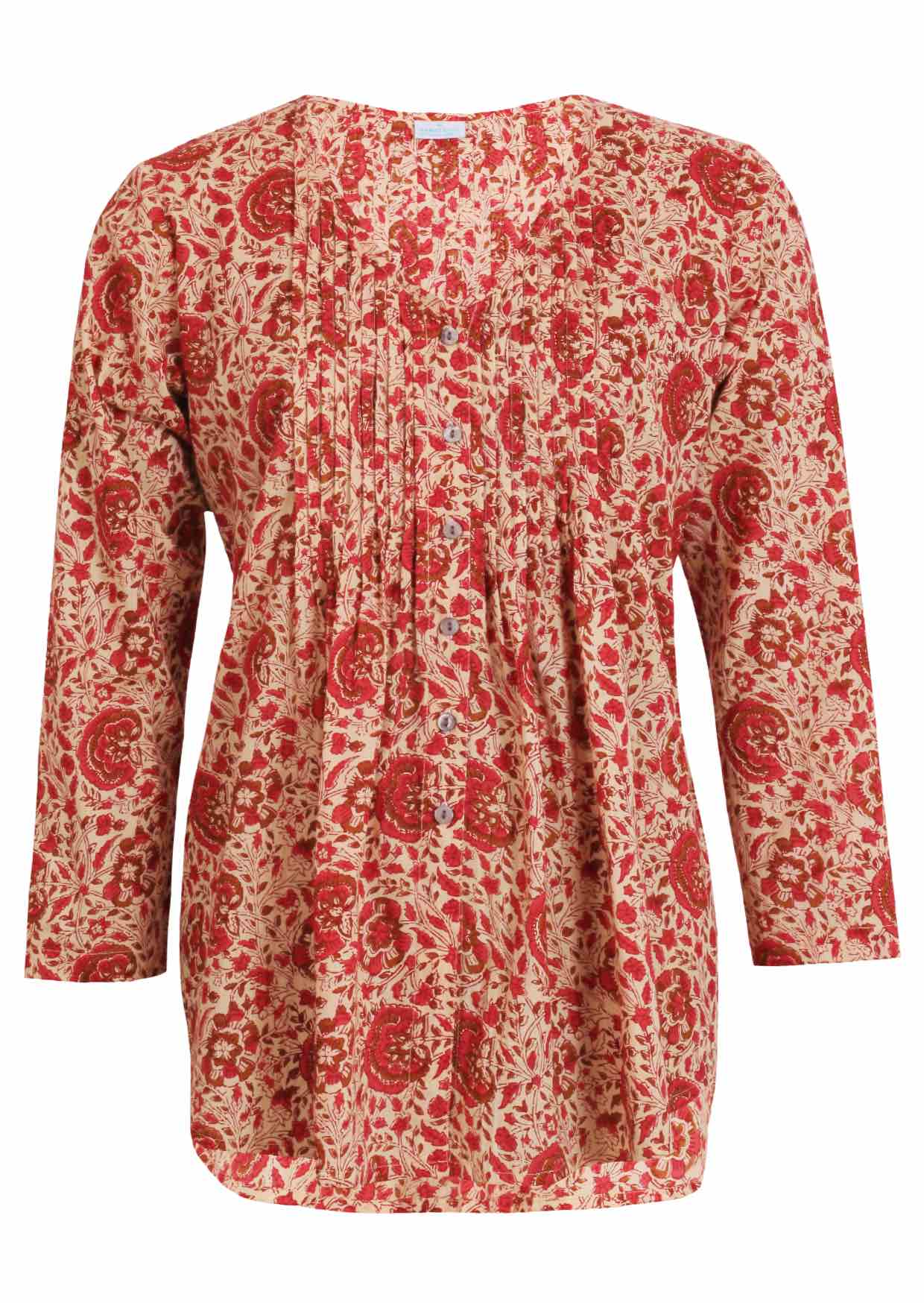 gentle cream based floral print cotton button through shirt with pin tucks across the bodice and a V-neckline