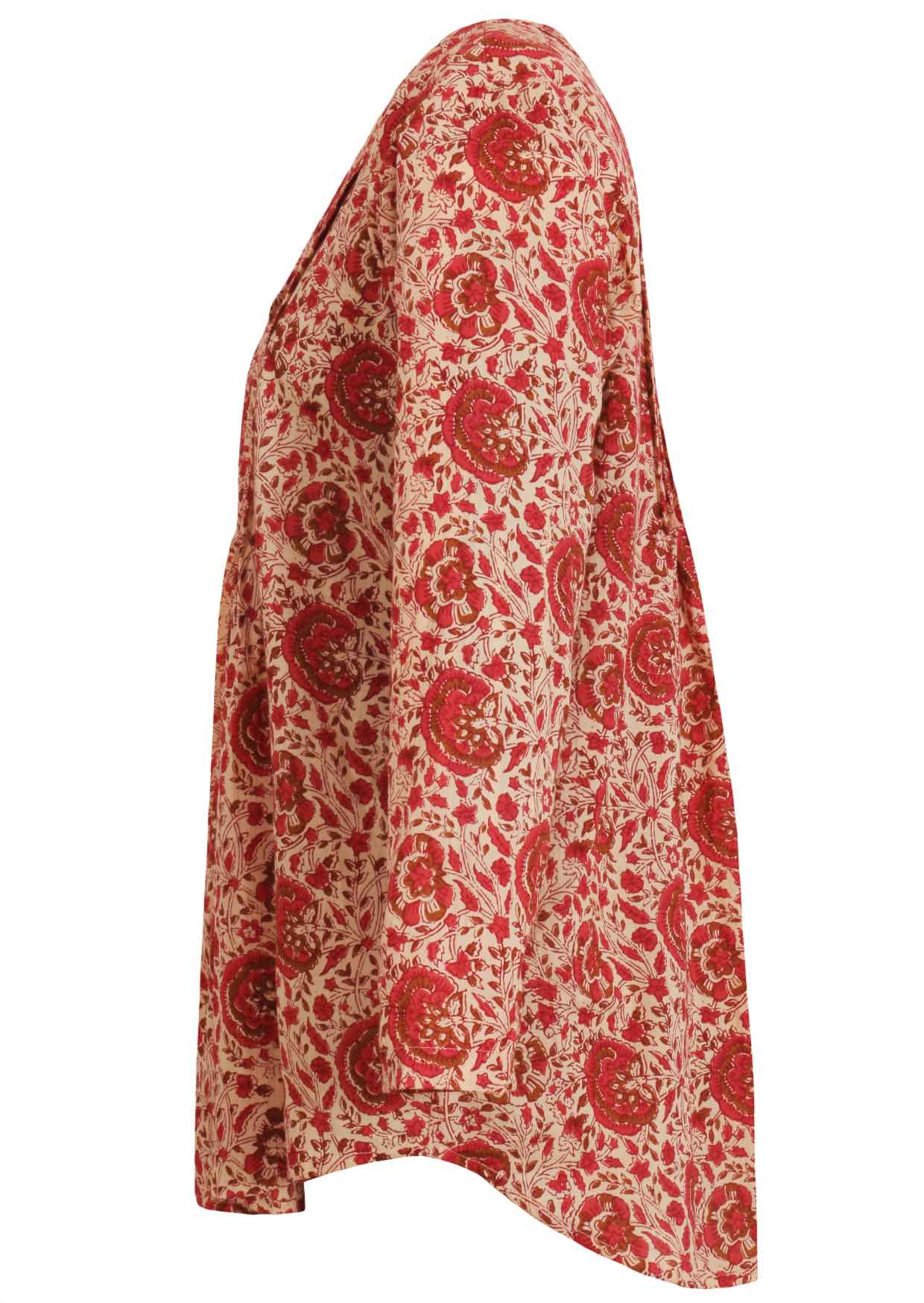 gentle cream based floral print cotton button through shirt with long sleeves, that is longer at the back