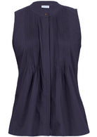 The front view of a dark blue sleeveless blouse with round neckline and a buttoned mandarin collar