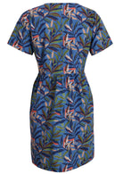 Blue base retro dress with leafy print T-shirt sleeves button at nape of neck 100 percent cotton back view