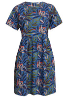 Blue base retro dress with leafy print 100 percent cotton front view