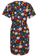 Back mannequin photo of cotton 100 percent cotton dark navy blue base and bright abstract floral retro print cotton dress