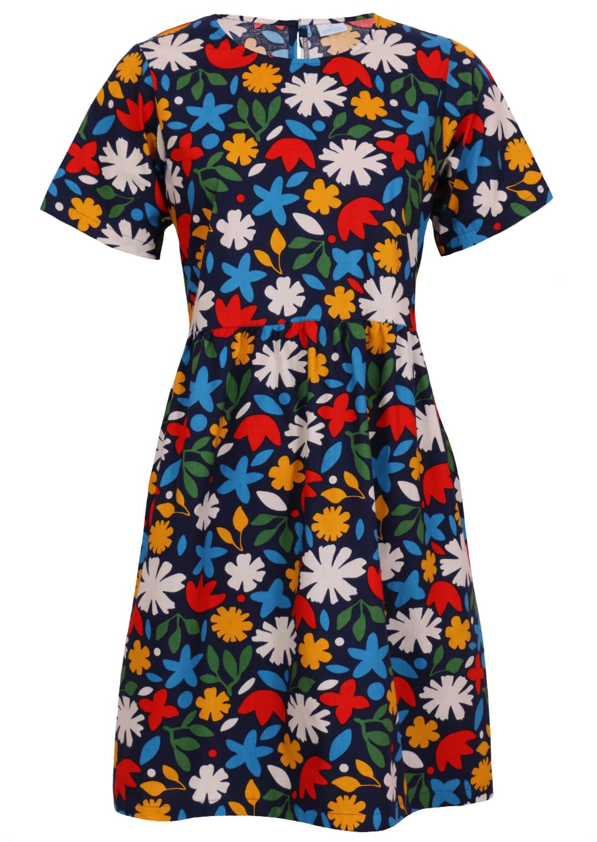 Front mannequin photo of cotton 100 percent cotton dark navy blue base and bright abstract floral retro print cotton dress