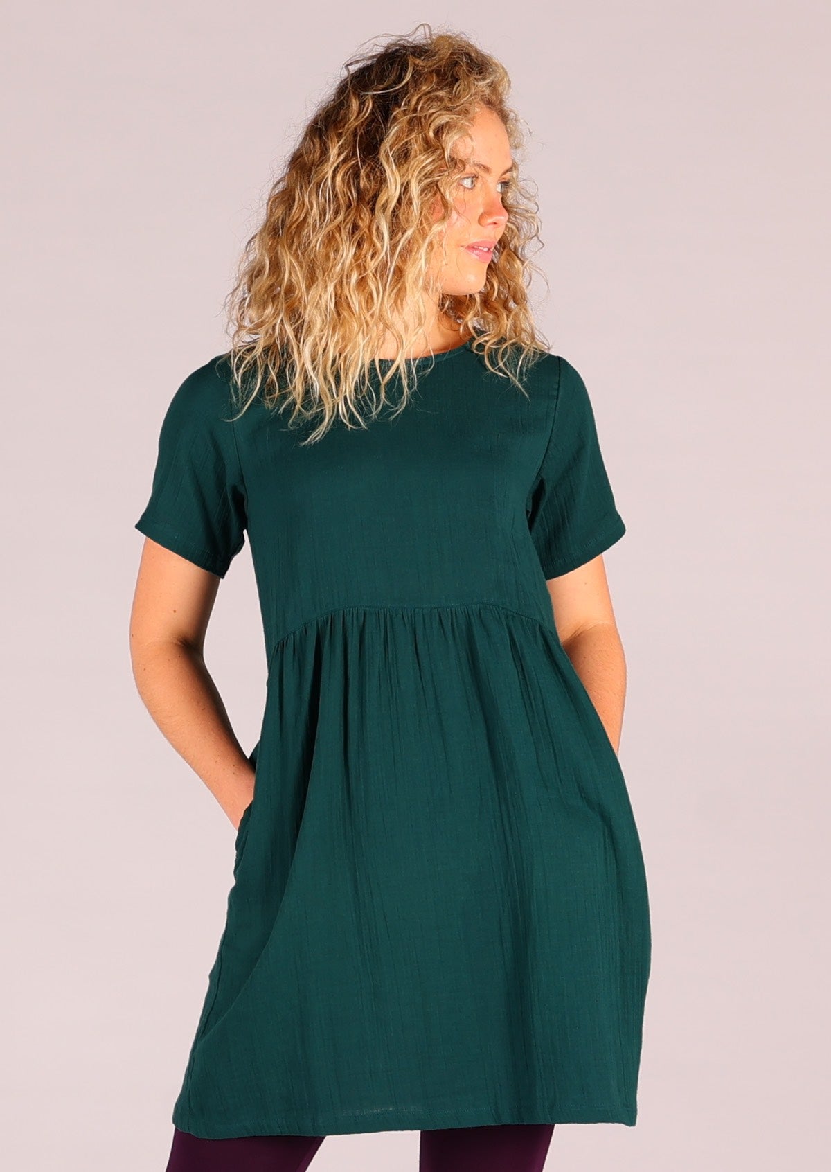Gorgeous deep teal double cotton relaxed fit dress that sits above the knee
