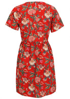 Back view of above knee length cotton dress with short sleeves and button at nape of the neck in red based lovely floral print 