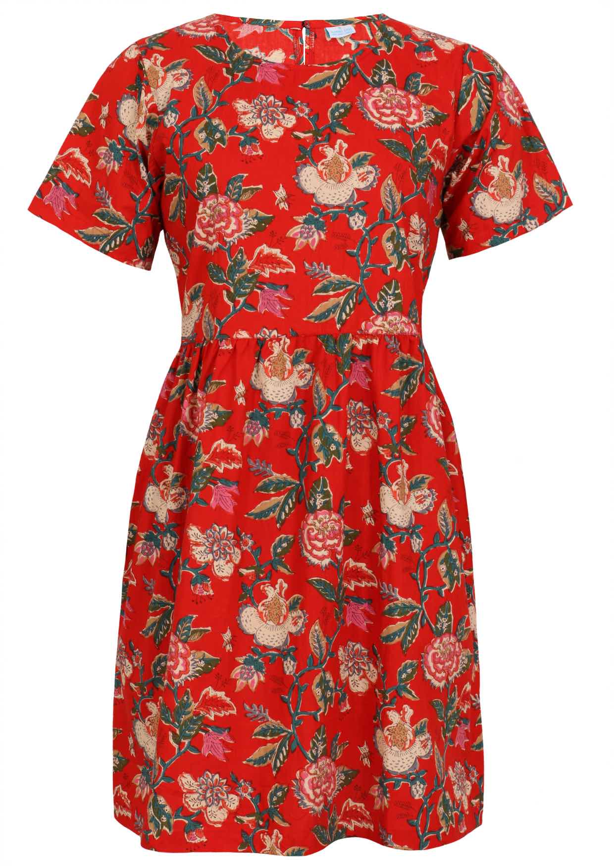 100% cotton above knee length loose fitting dress with short sleeves and high round neckline in red based floral print