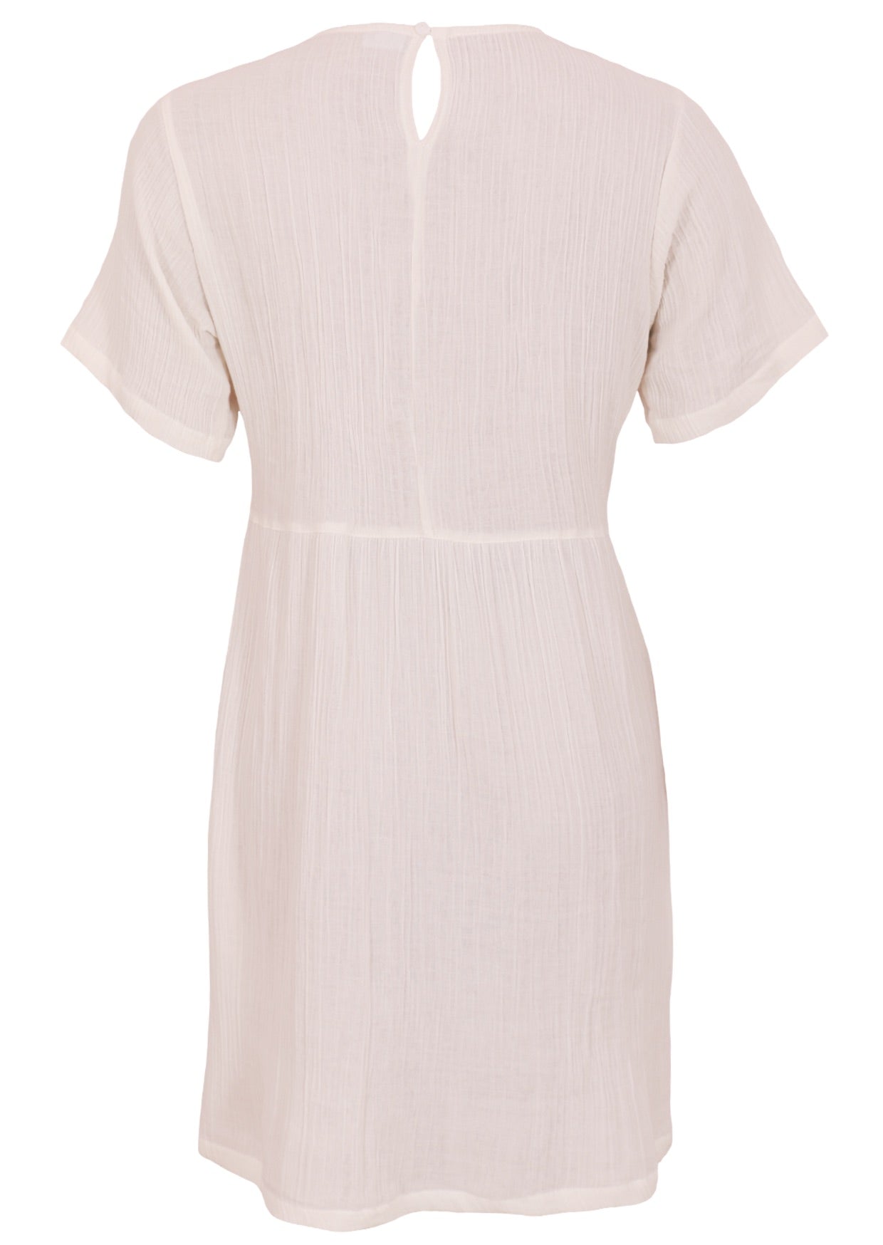 Back mannequin photo of natural white double cotton short sleeve relaxed fit dress with button at nape of neck