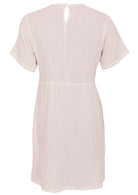 Back mannequin photo of natural white double cotton short sleeve relaxed fit dress with button at nape of neck