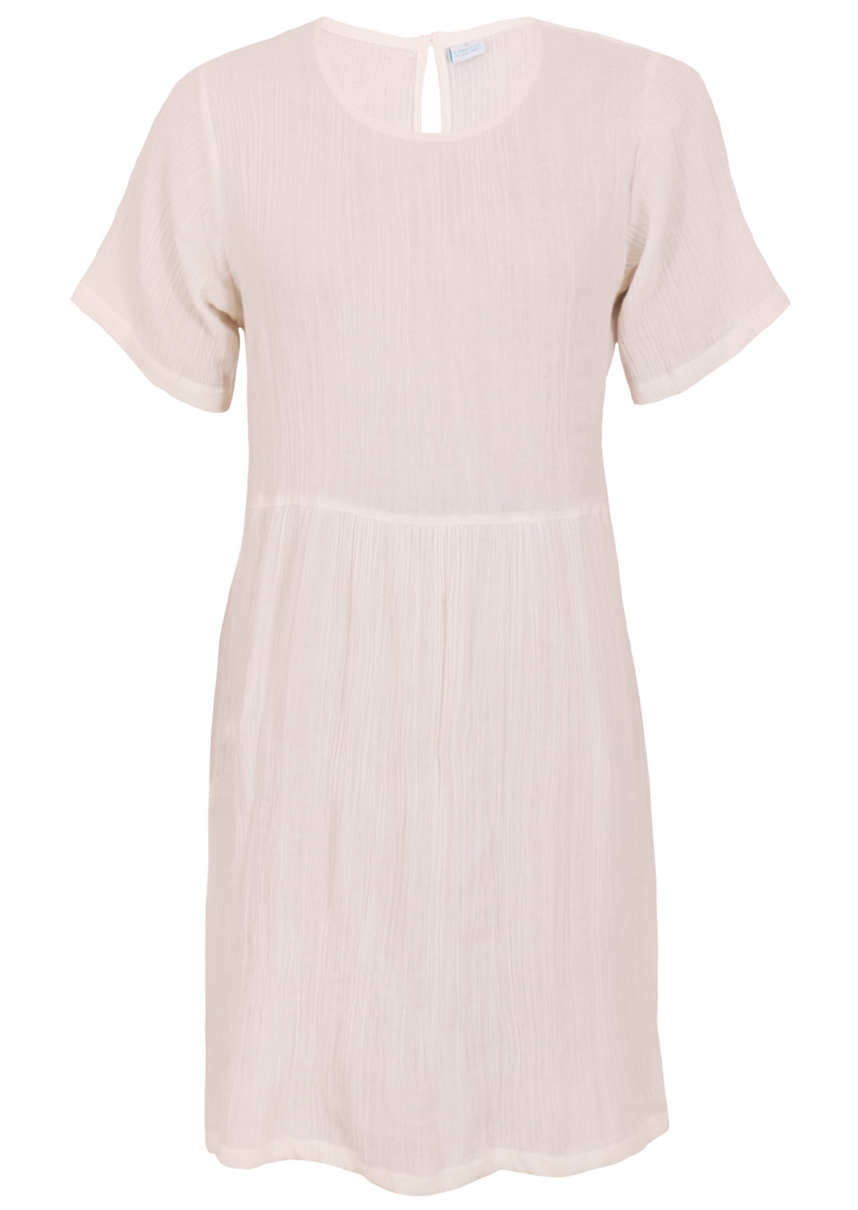 Front mannequin photo of natural white double cotton short sleeve relaxed fit dress with side pockets