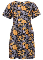 Cotton short sleeved dress with blue-grey and yellow flowers on a black base