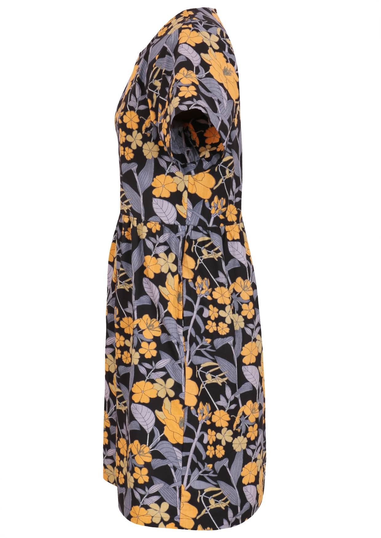 Side view of cotton short sleeved dress with blue-grey and yellow flowers on a black base, with hidden side pockets