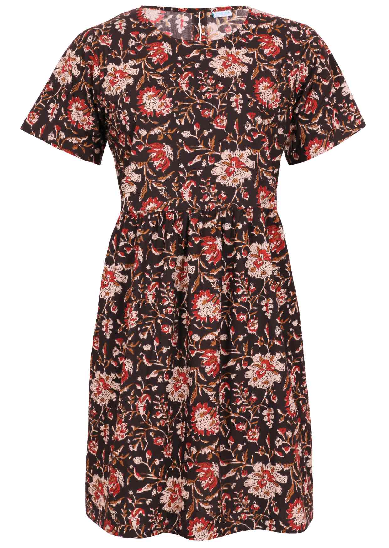 Black based traditional Indian floral print cotton dress with round neckline.