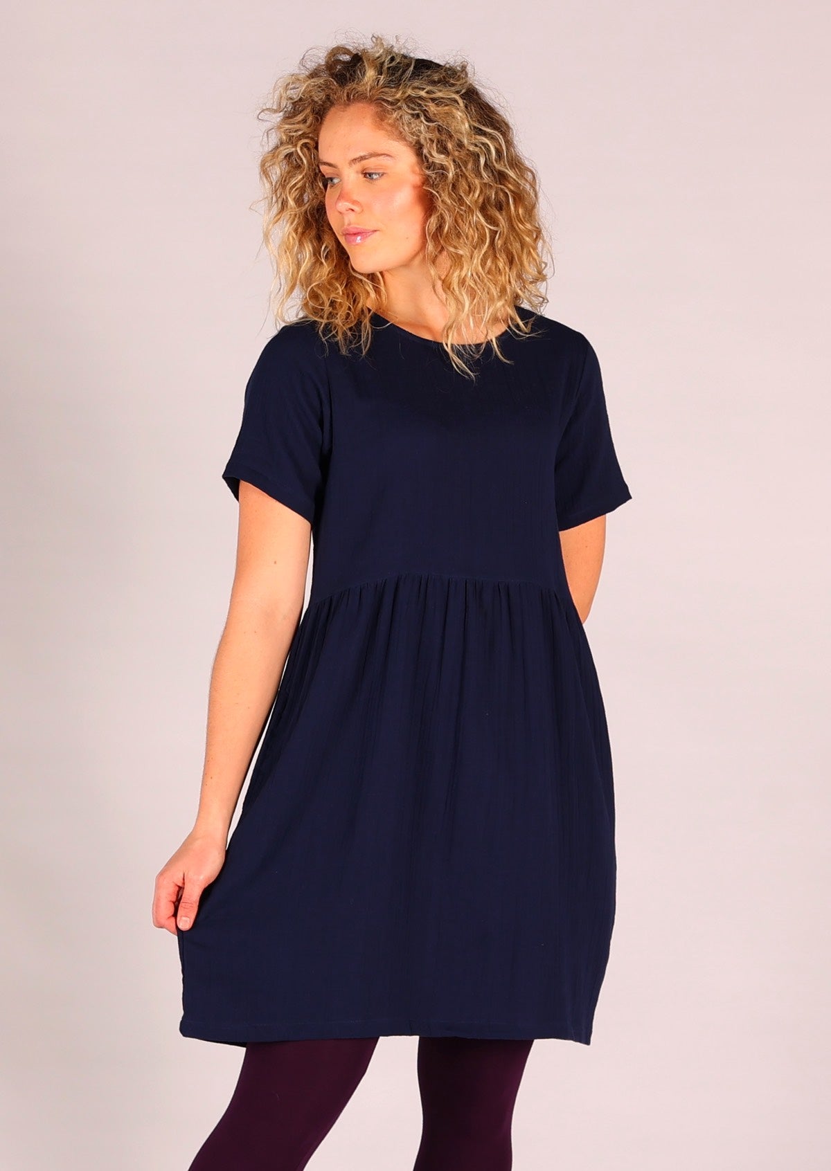 Dark blue double cotton short sleeve dress that sits above the knee