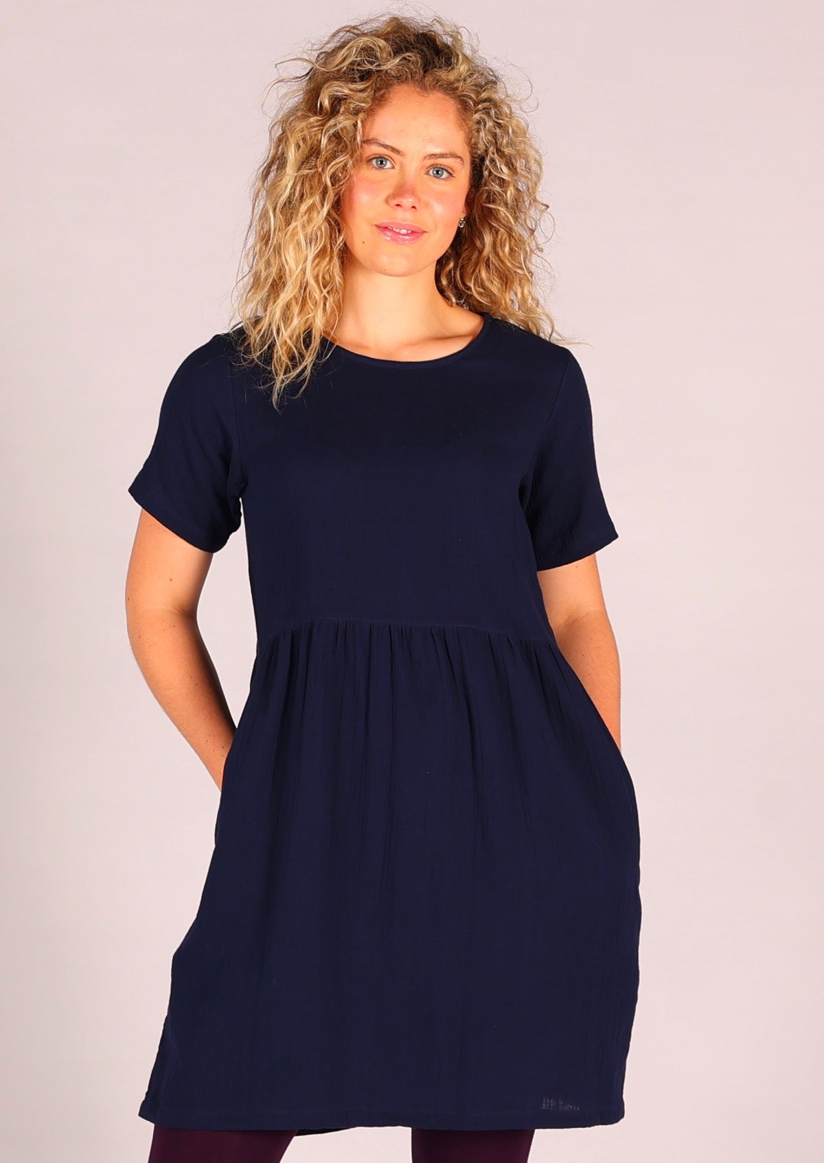 Short sleeve double cotton above knee dress with hidden side pockets