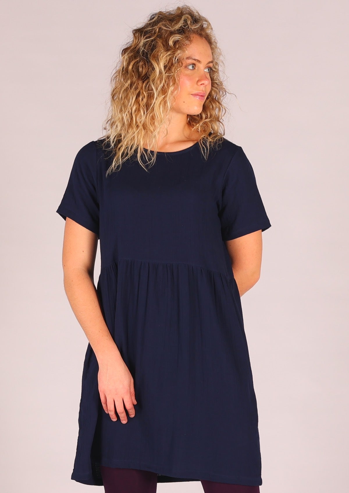 Double cotton T-shirt sleeve relaxed fit dress with round neckline