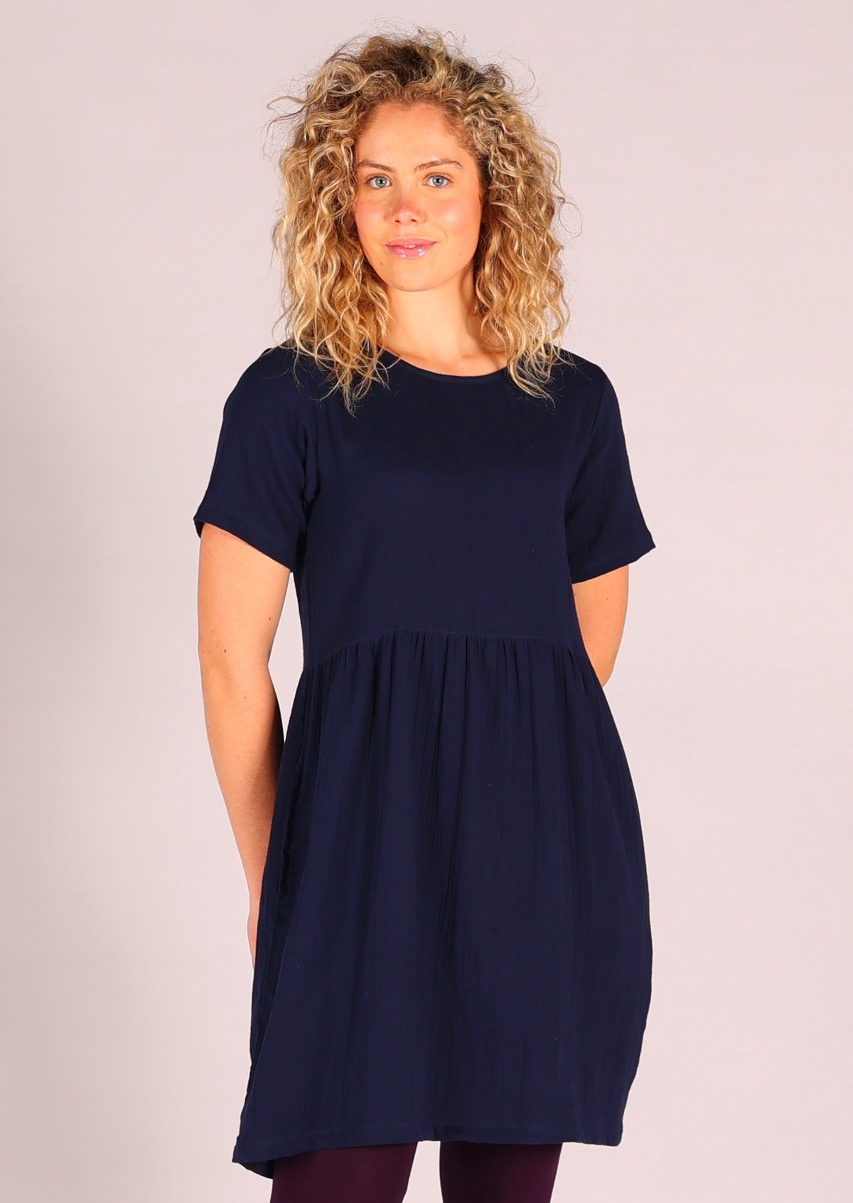 Above knee cotton gauze dress with T-shirt sleeves and high round neckline