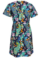 Back view of above knee length cotton dress with short sleeves and button at nape of the neck in navy blue based lovely floral print 