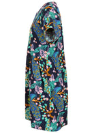 Side view of loose fitting cotton dress in navy blue with short sleeves and hidden side pockets 