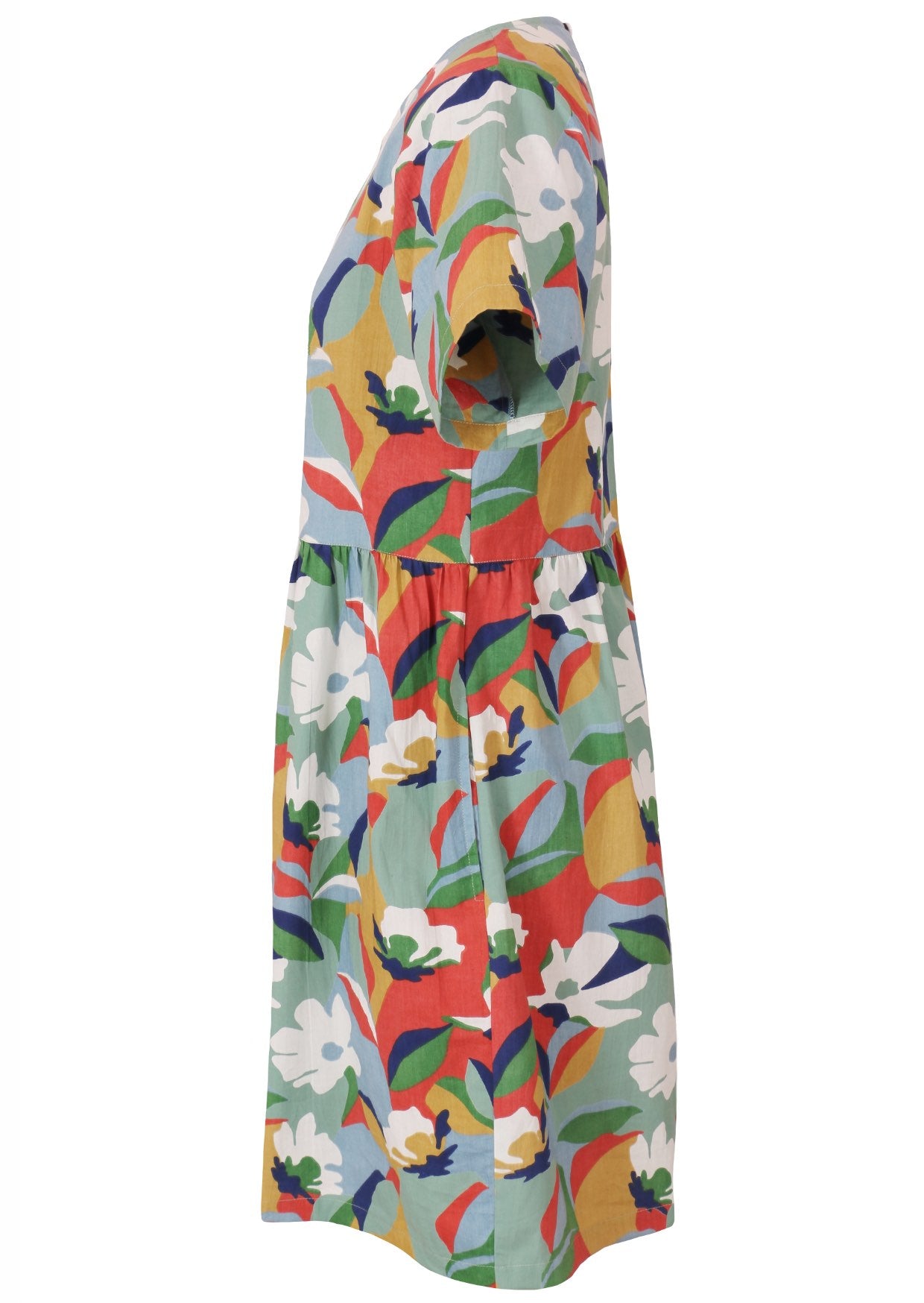 Side view of loose fitting cotton dress in retro floral print with short sleeves and hidden side pockets 