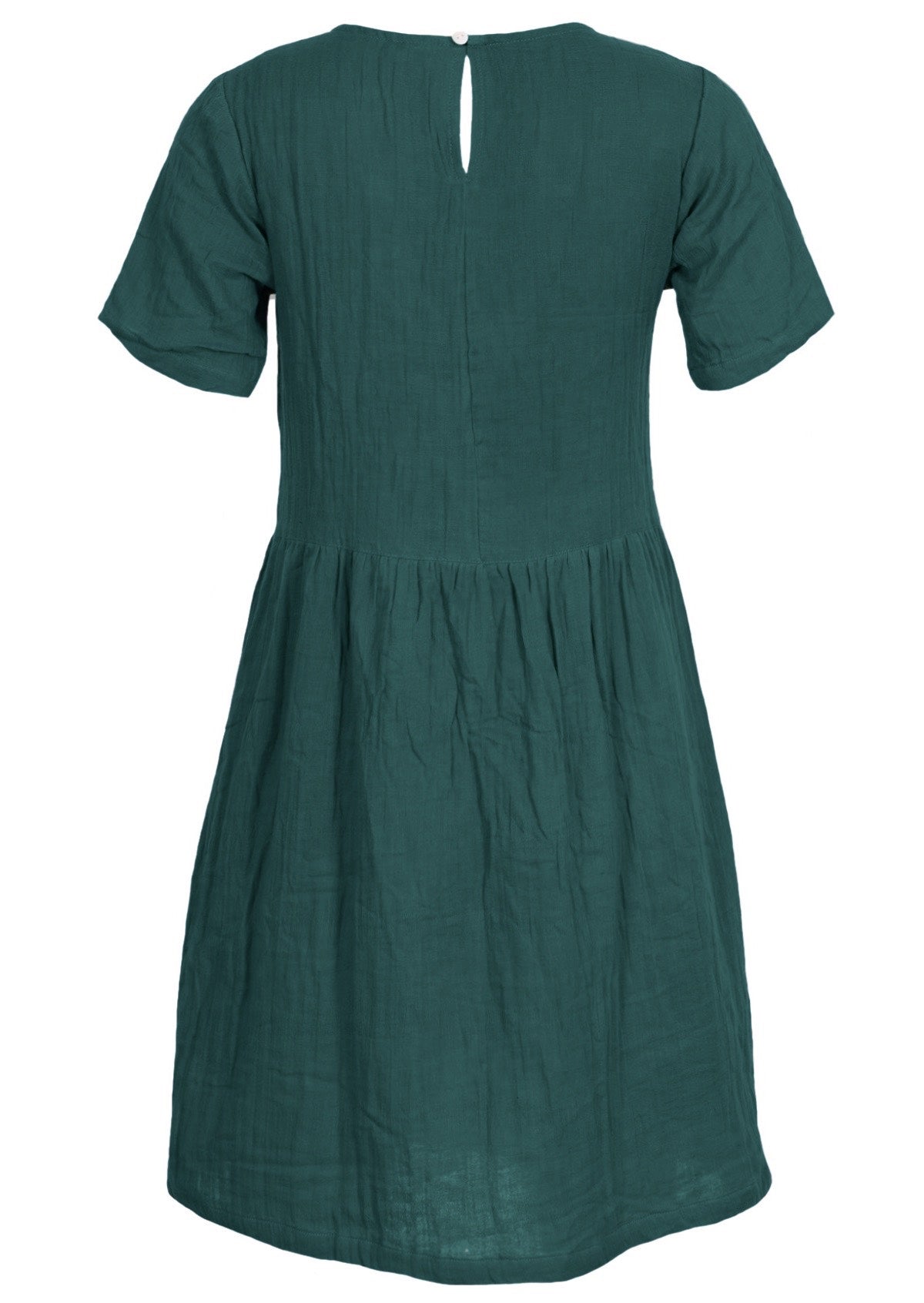 Double cotton short sleeve dress with high round neckline with button at nape of neck for ease when dressing