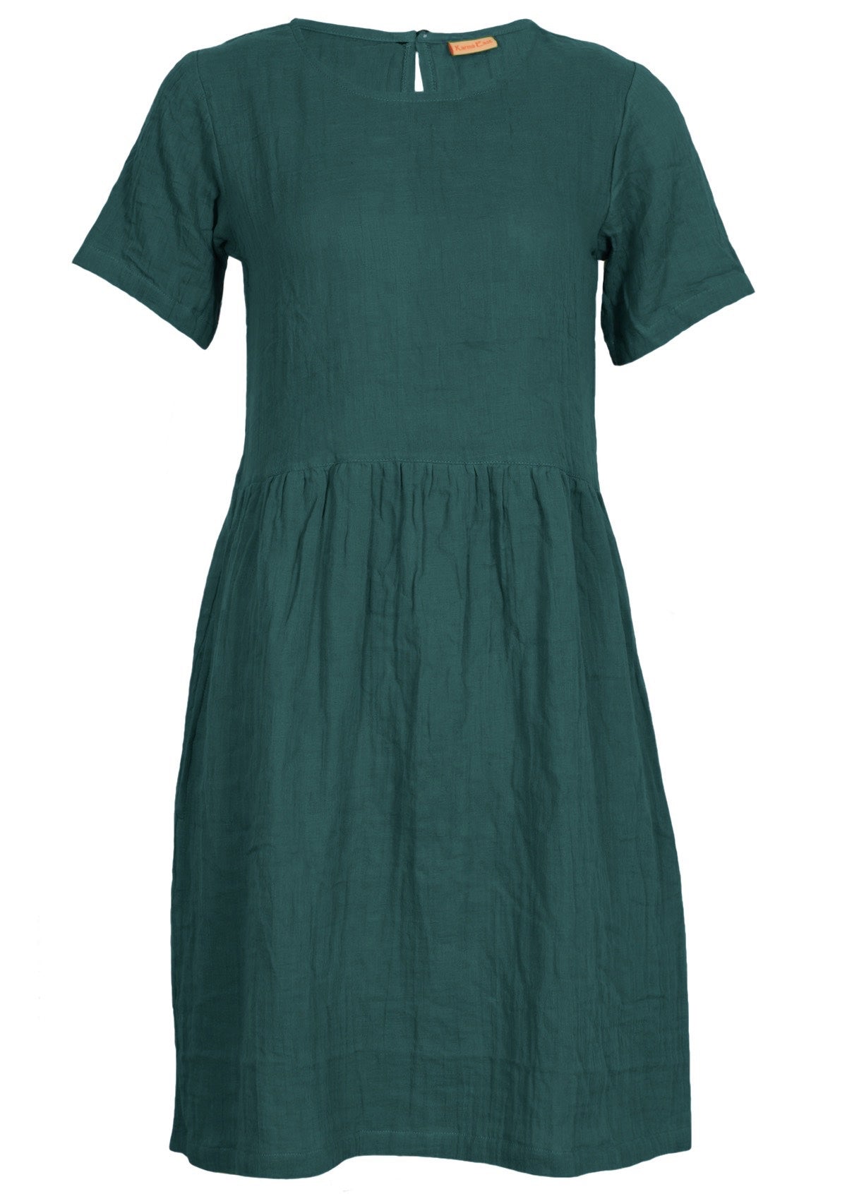 Deep teal double cotton short sleeve relaxed fit above the knee dress