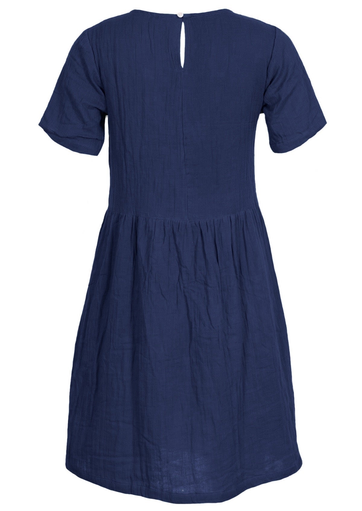Double cotton short sleeve dress with button at nape of neck for ease when dressing