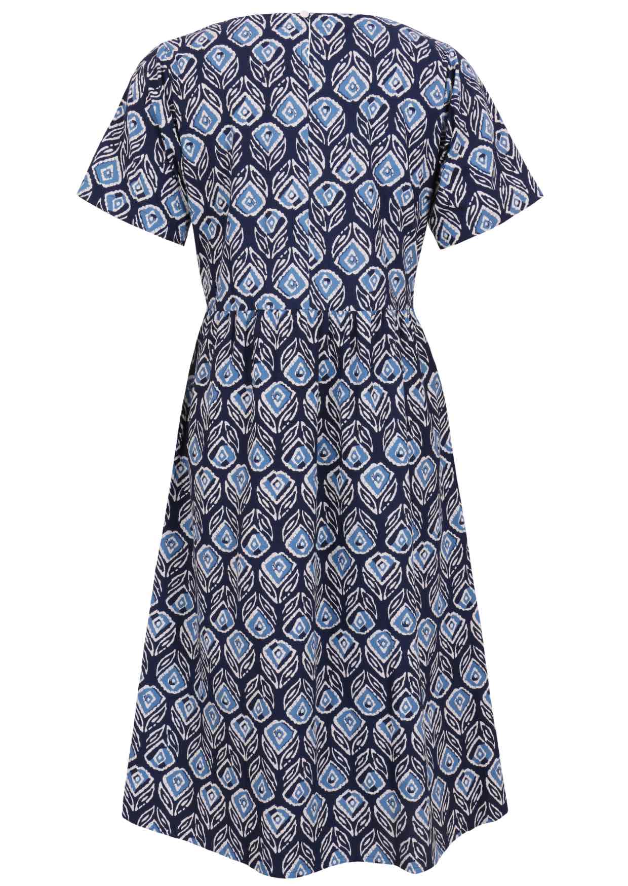 Back view of short sleeve maxi dress with pockets and button at nape of neck back view